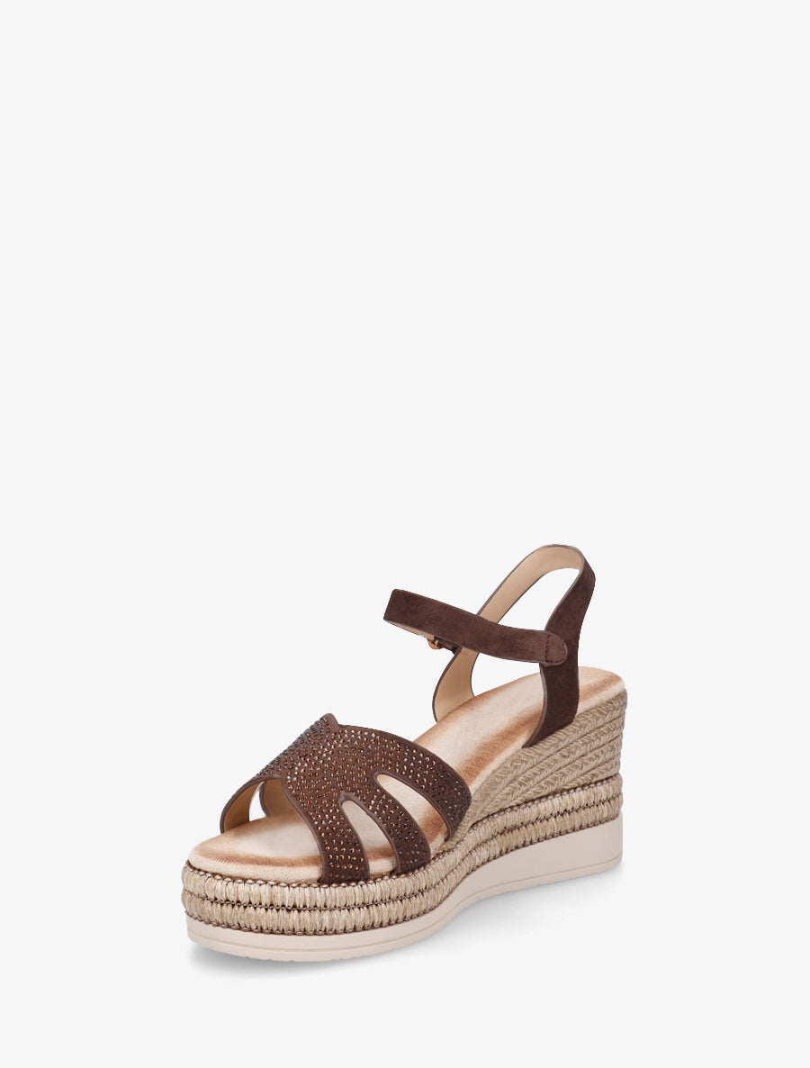 Sandales talon compensé à bride strassée - Marron - 3