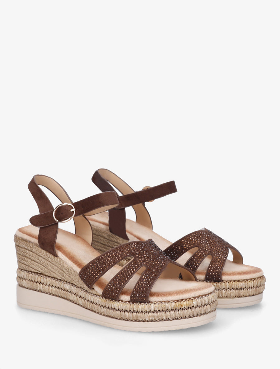 Sandales talon compensé à bride strassée - Marron - 4
