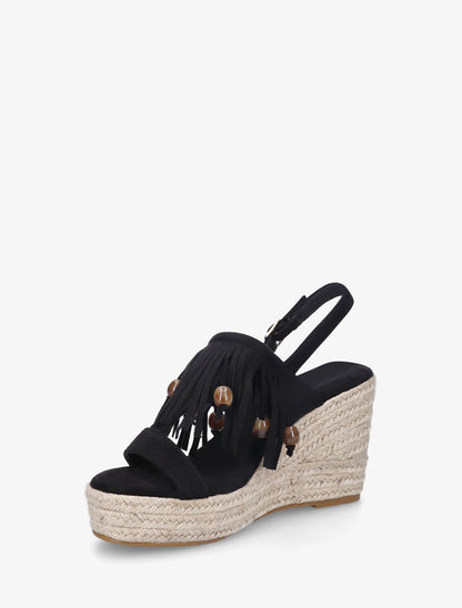 Sandales compensées à franges en suédine - Noir - 3