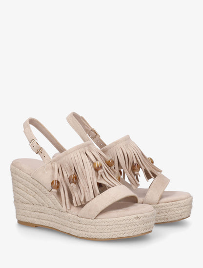 Sandales compensées à franges en suédine - Beige - 4