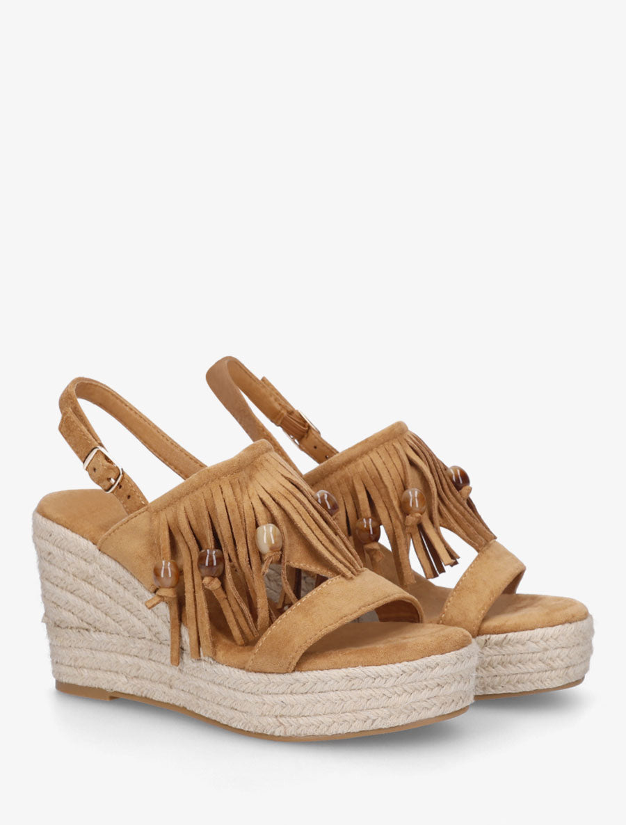 Sandales compensées à franges en suédine - Camel - 4