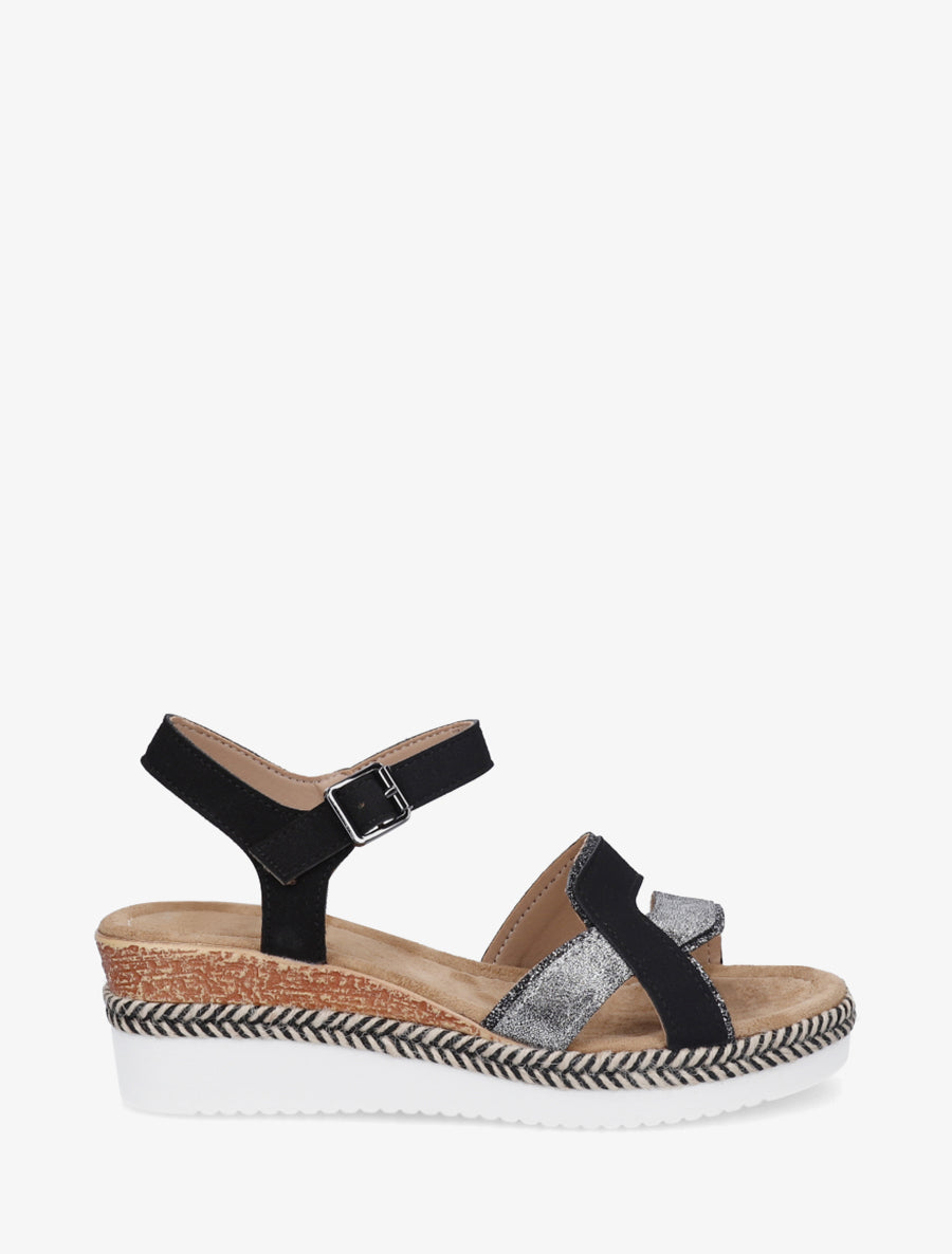 Sandales compensées bride fantaisie irisée - Noir - 1