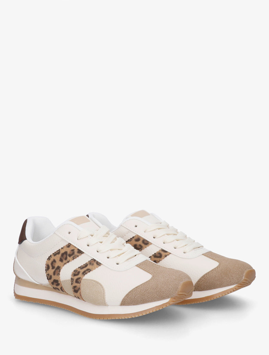 Sneakers à contrefort contrastant et double lacets - Beige - 4