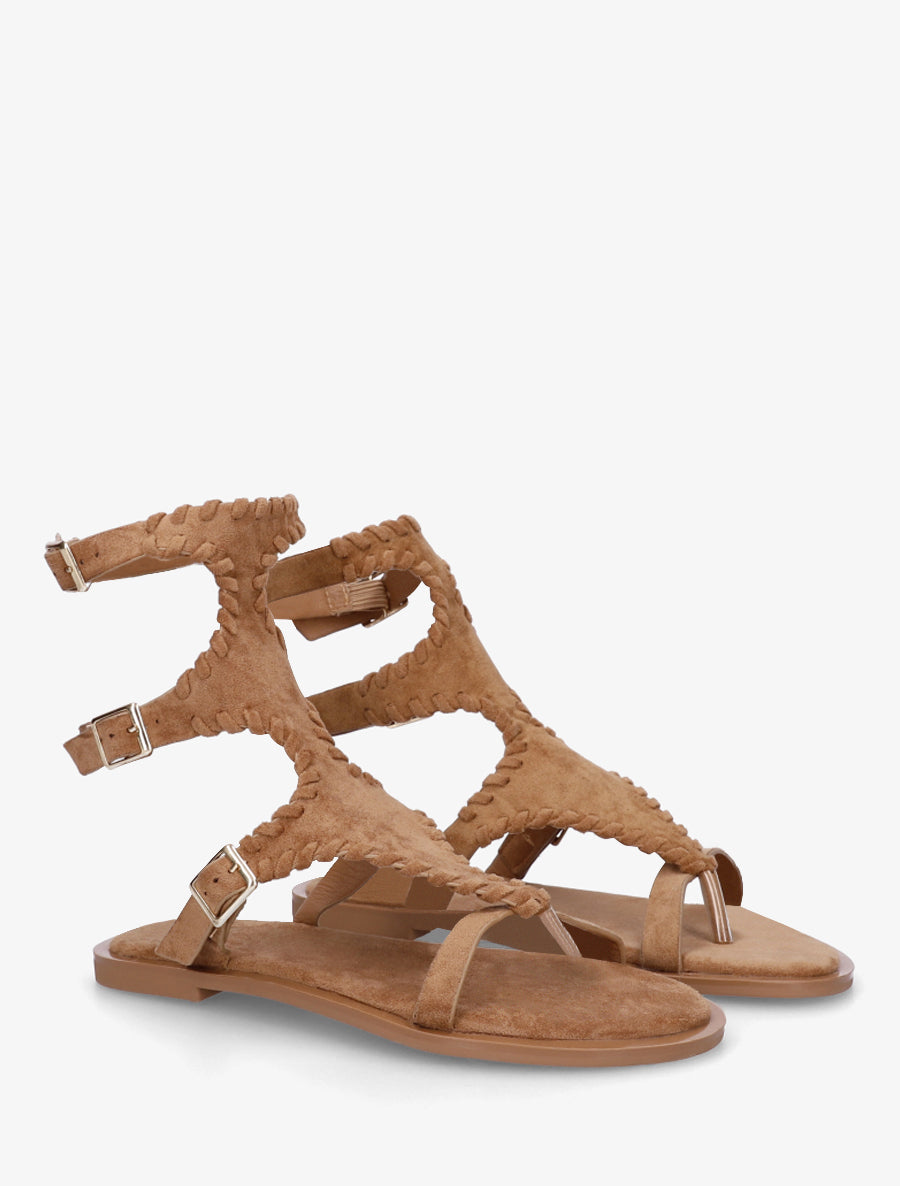 Sandales plates montantes à entre-doigt - Camel - 4