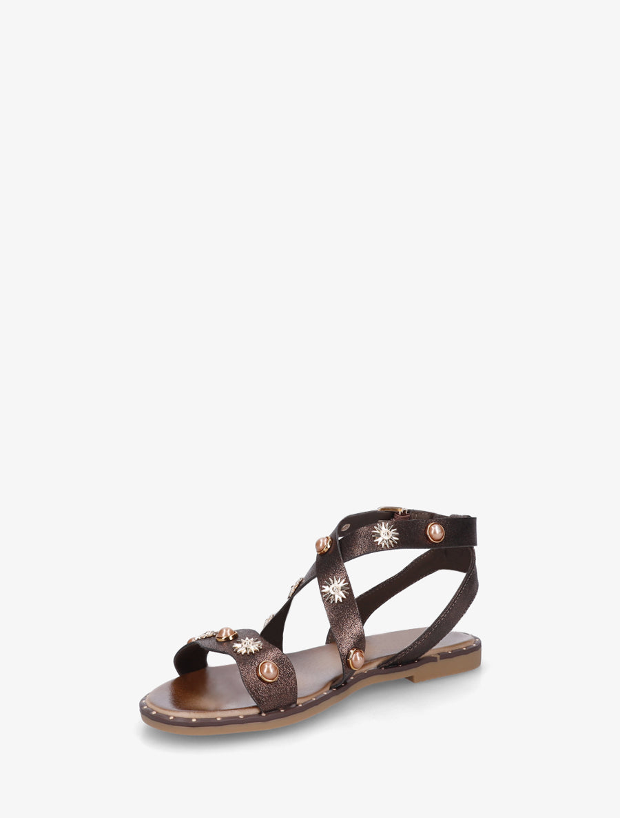 Nu-pieds strassés à semelle plate cloutée - Marron - 3