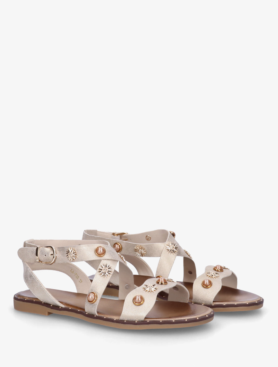 Nu-pieds strassés à semelle plate cloutée - Beige - 4