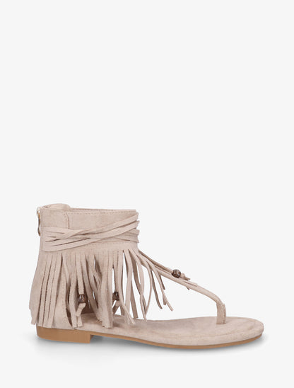Sandales plates montantes à franges en suédine - Beige - 1