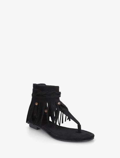 Sandales plates montantes à franges en suédine - Noir - 2