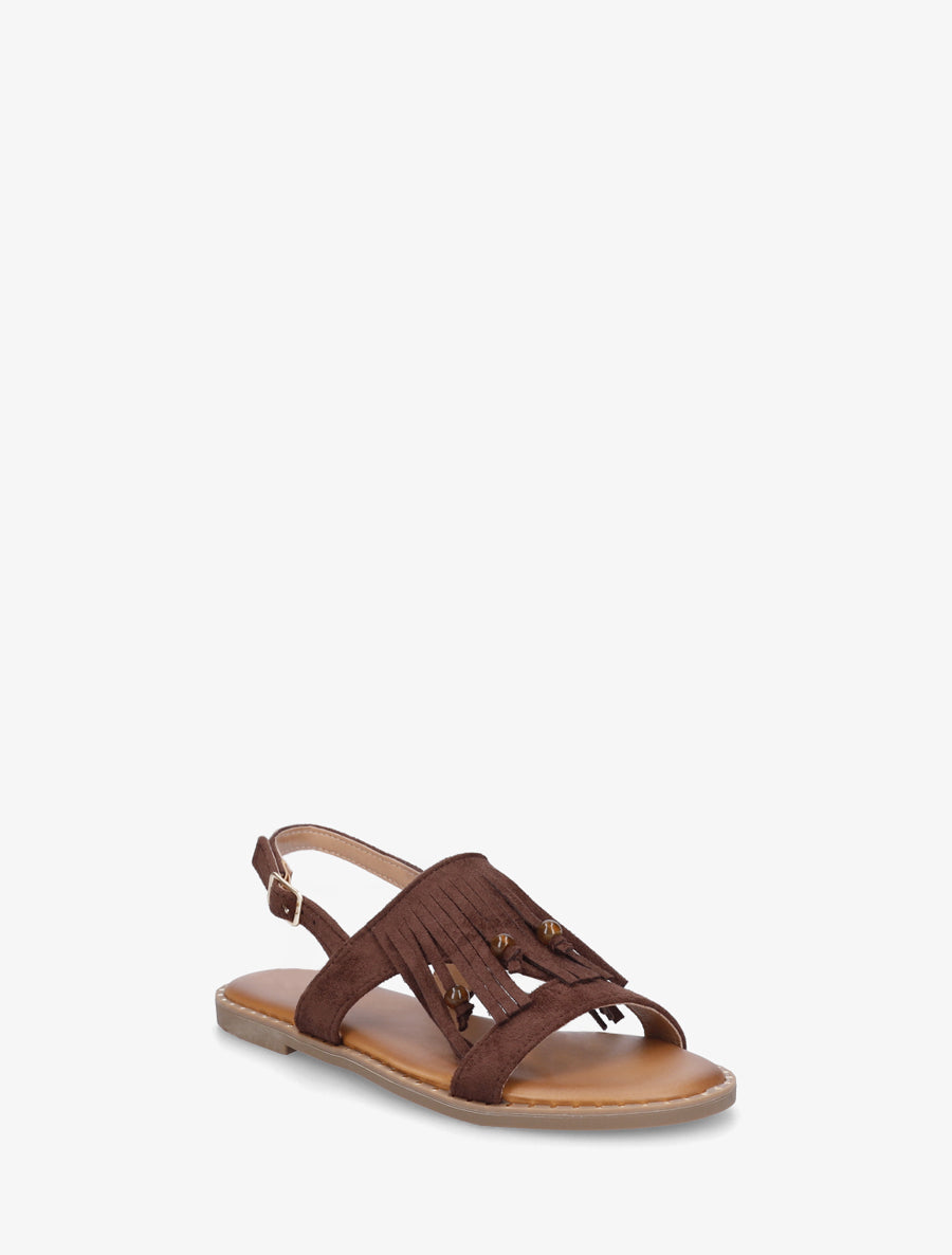 Nu-pieds en suédine à franges et perles - Marron - 2