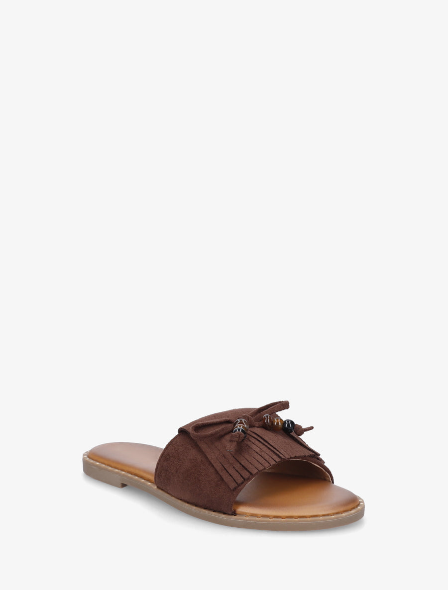 Mules plates à franges et perles en suédine - Marron - 2