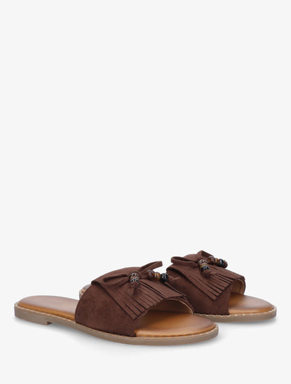 Mules plates à franges et perles en suédine - Marron - 4