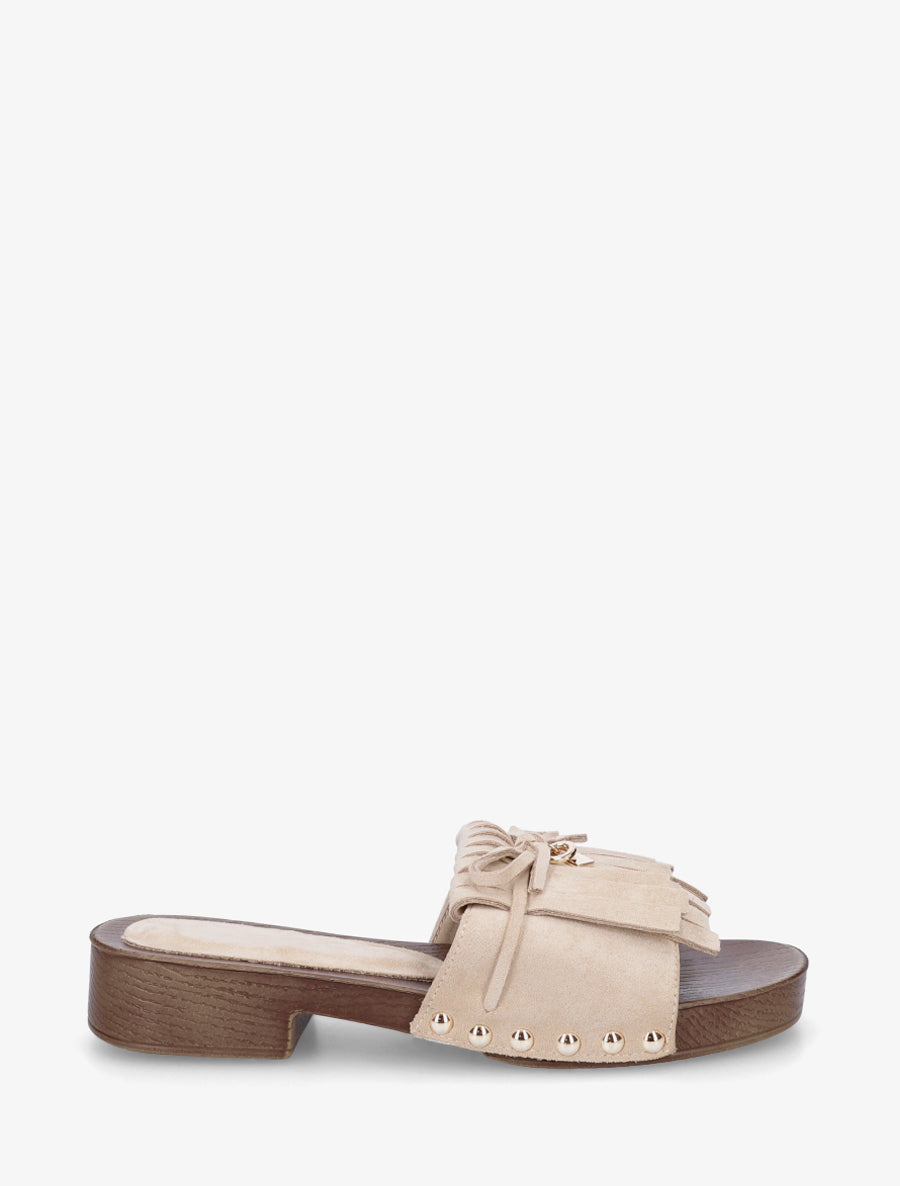 Claquettes en suédine à franges - Beige - 1