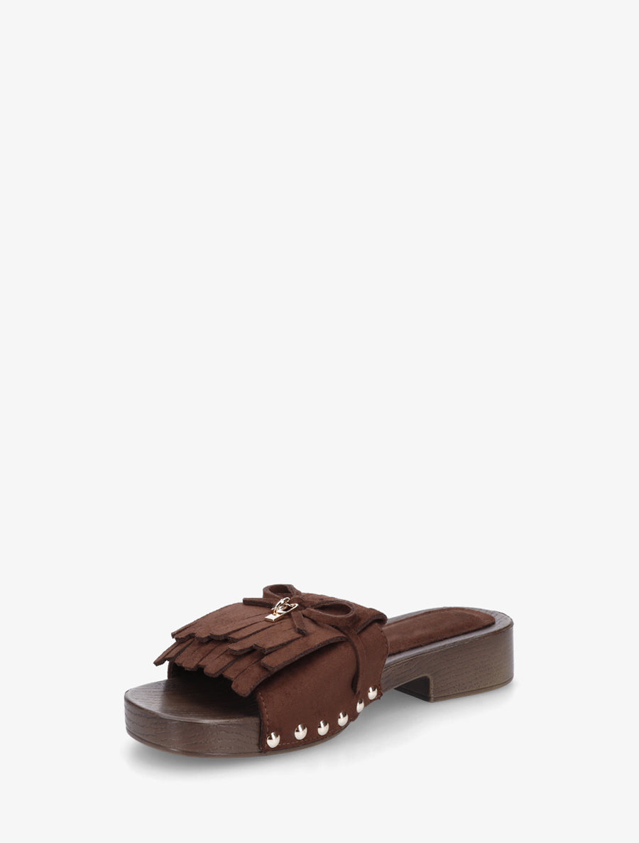 Claquettes en suédine à franges - Marron - 3