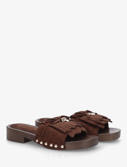 Claquettes en suédine à franges - Marron - 4