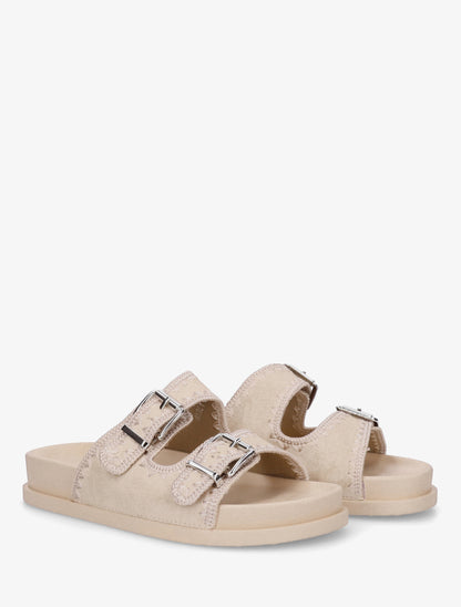 Claquettes à double boucles en suédine et broderies - Beige - 4