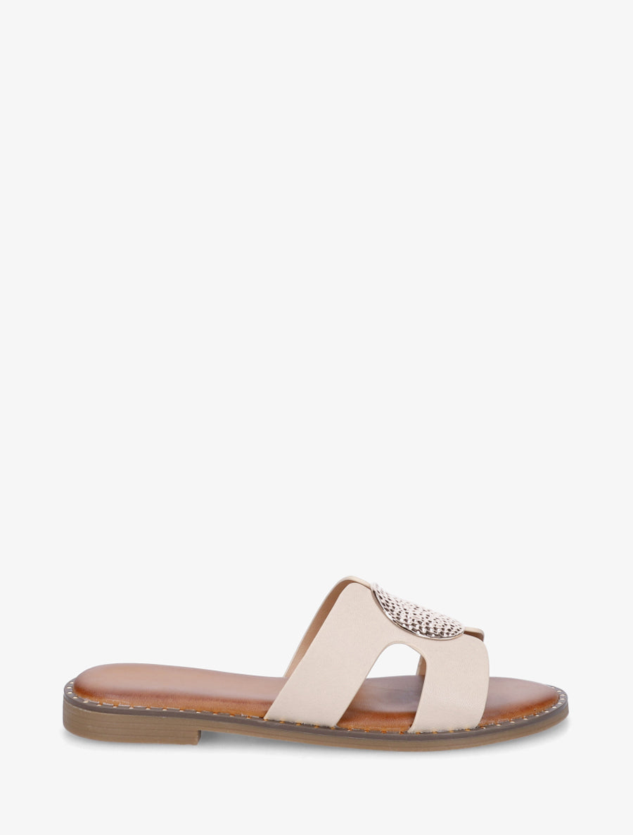 Claquettes unies à empiècement métal - Beige - 1