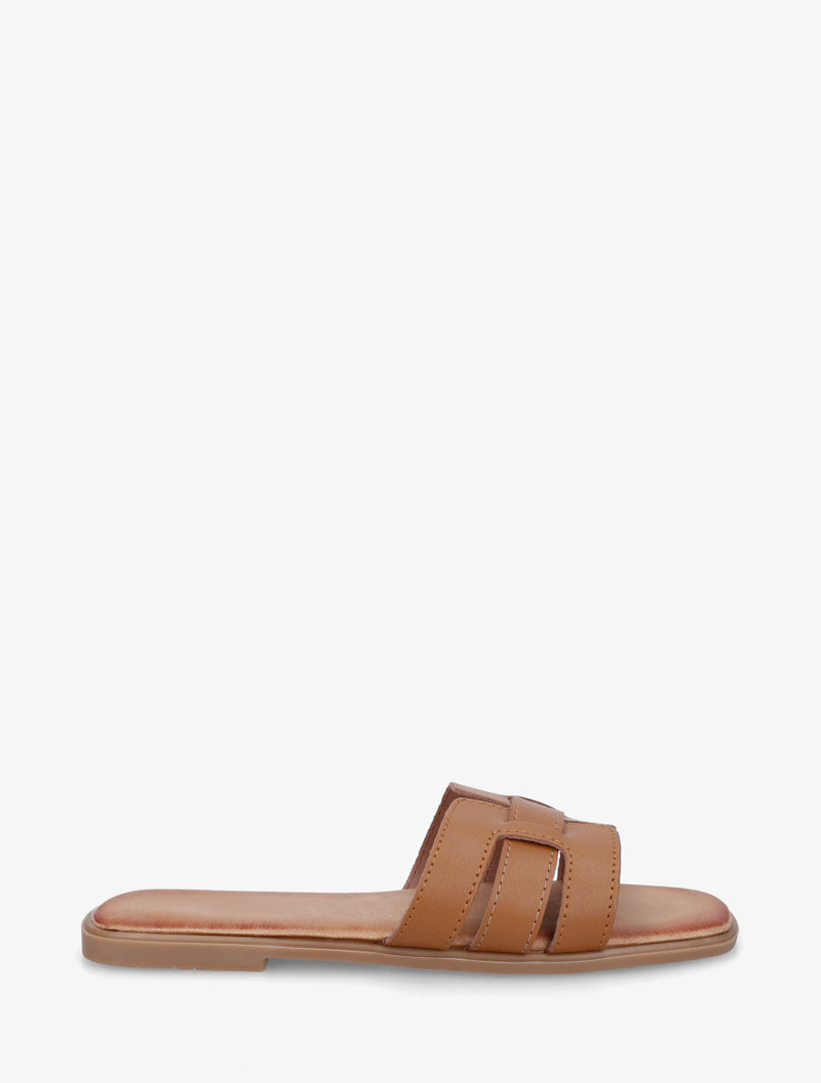 Mules plates à bride effet tressé - Camel - 1