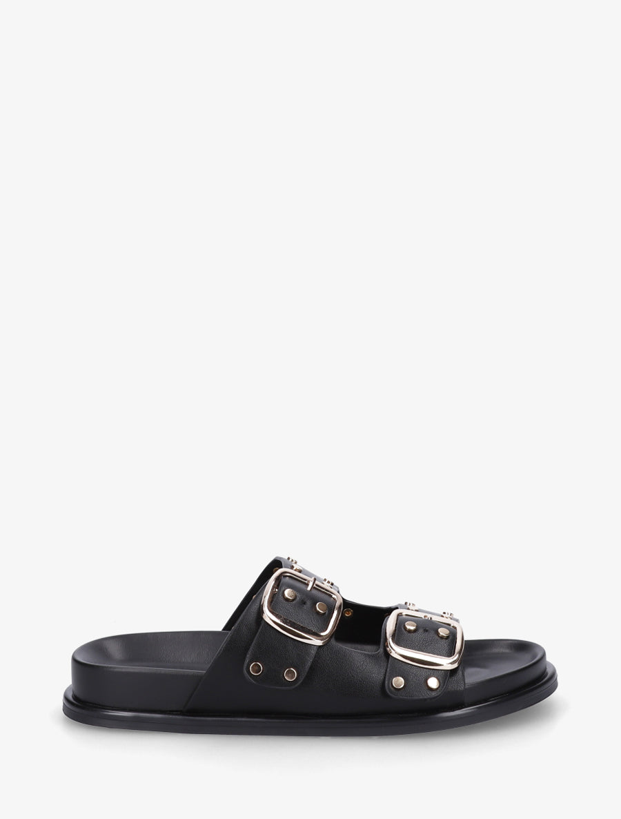 Mules plates cloutées à double boucles - Noir - 1