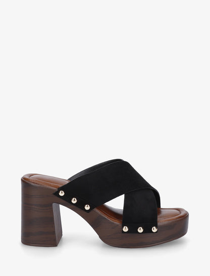 Mules à talon effet bois et ganse en suédine - Noir - 1