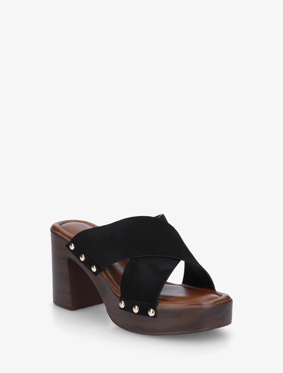 Mules à talon effet bois et ganse en suédine - Noir - 2