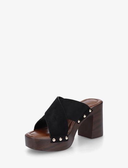 Mules à talon effet bois et ganse en suédine - Noir - 3
