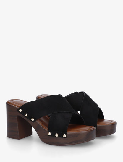 Mules à talon effet bois et ganse en suédine - Noir - 4