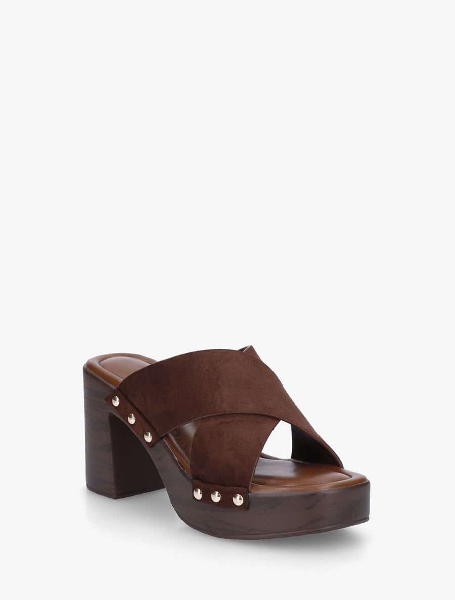 Mules à talon effet bois et ganse en suédine - Marron - 2