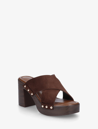 Mules à talon effet bois et ganse en suédine - Marron - 2