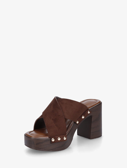 Mules à talon effet bois et ganse en suédine - Marron - 3