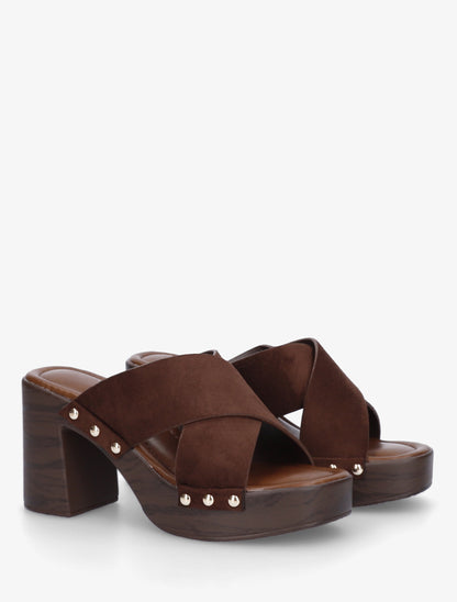Mules à talon effet bois et ganse en suédine - Marron - 4