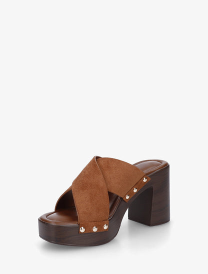 Mules à talon effet bois et ganse en suédine - Camel - 3