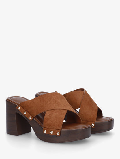 Mules à talon effet bois et ganse en suédine - Camel - 4