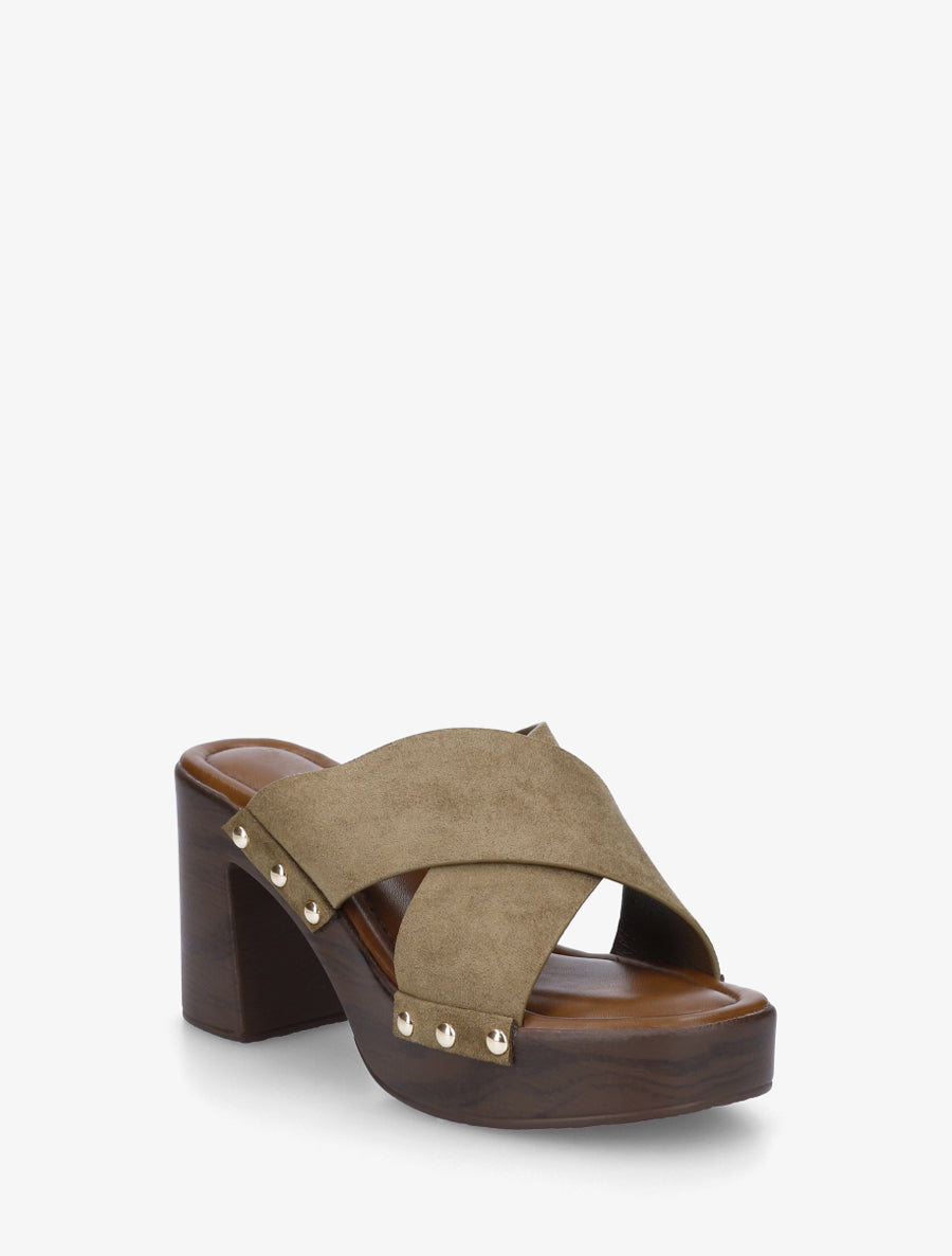 Mules à talon effet bois et ganse en suédine - Kaki - 2