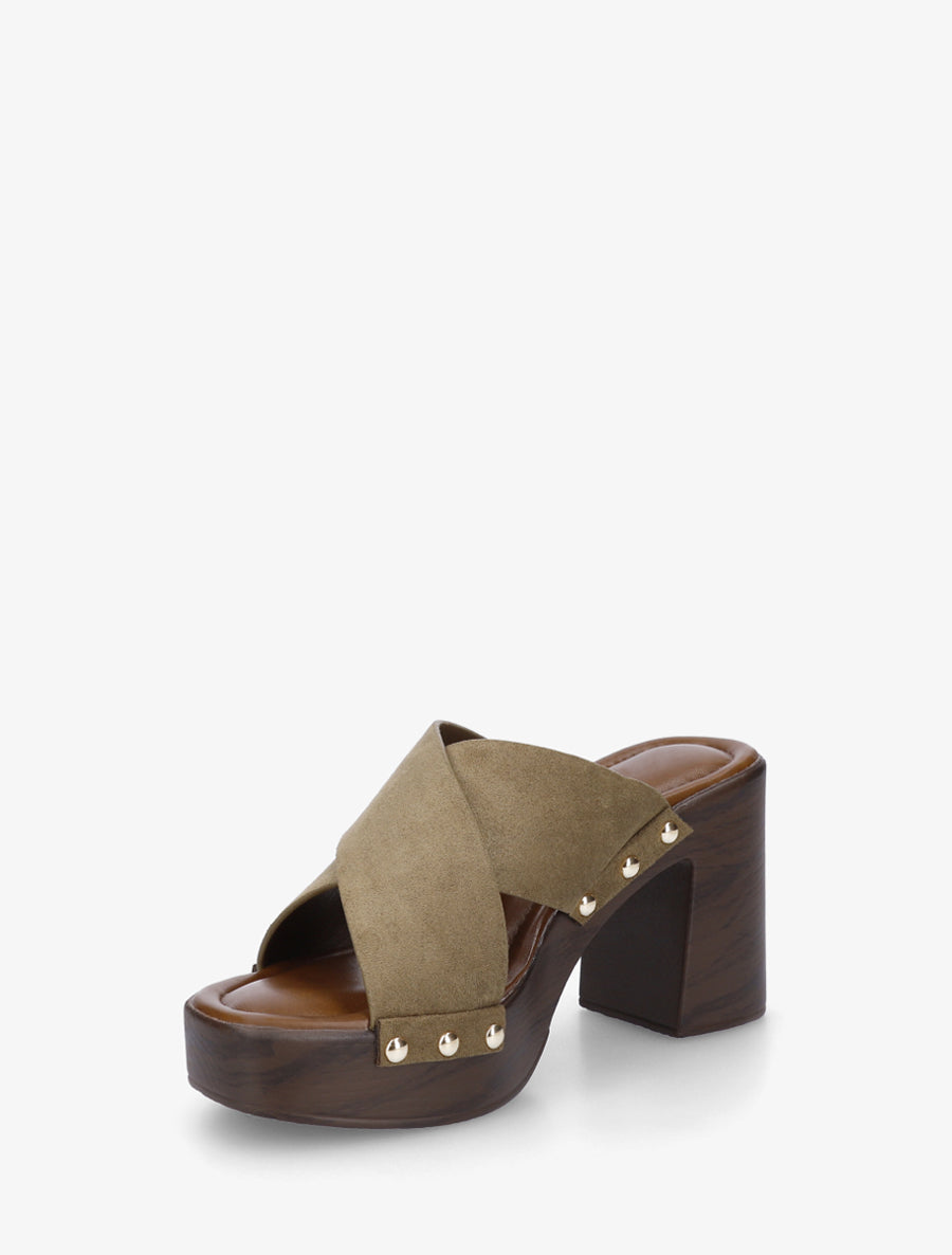 Mules à talon effet bois et ganse en suédine - Kaki - 3