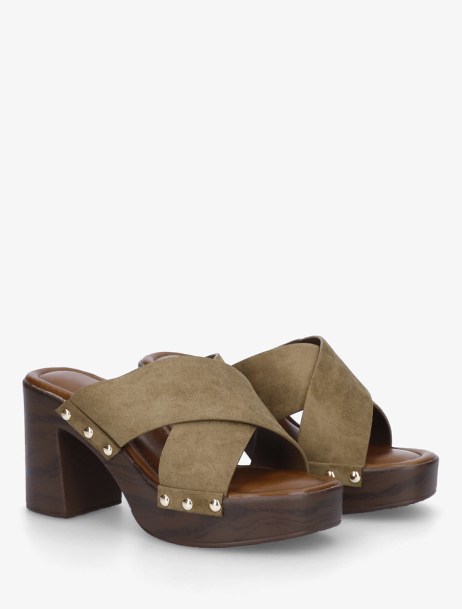 Mules à talon effet bois et ganse en suédine - Kaki - 4
