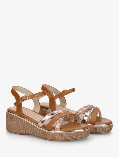 Sandales compensées à brides croisées fantaisies - Camel - 4
