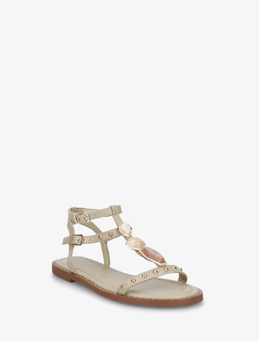 Nu-pieds en simili à empiècement pierres - Kaki clair - 2