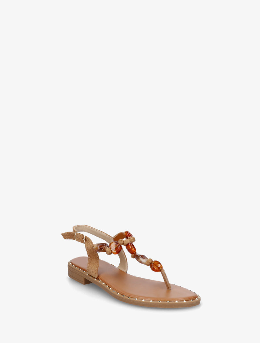 Nu-pieds à perles et entredoigt - Camel - 2