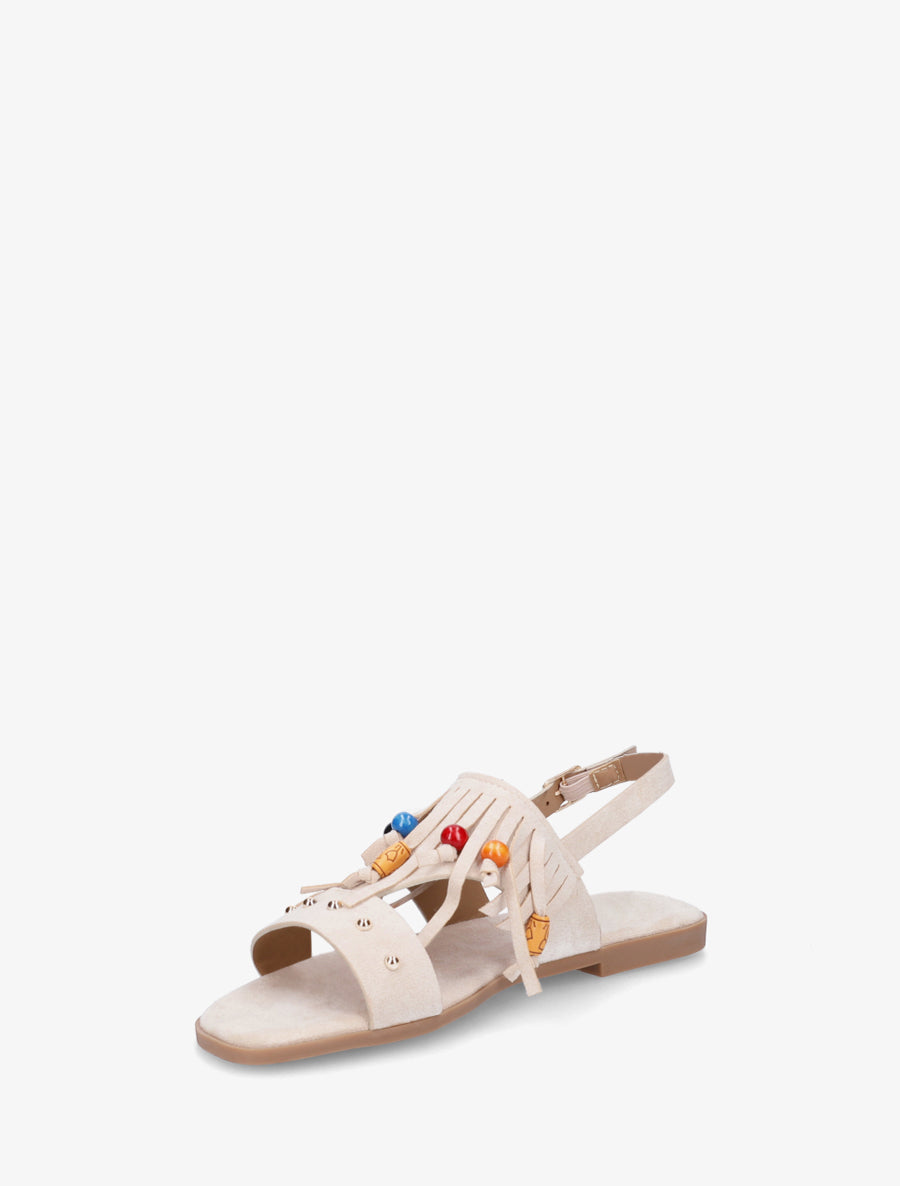 Sandales en suédine à franges et perles de bois - Beige - 3