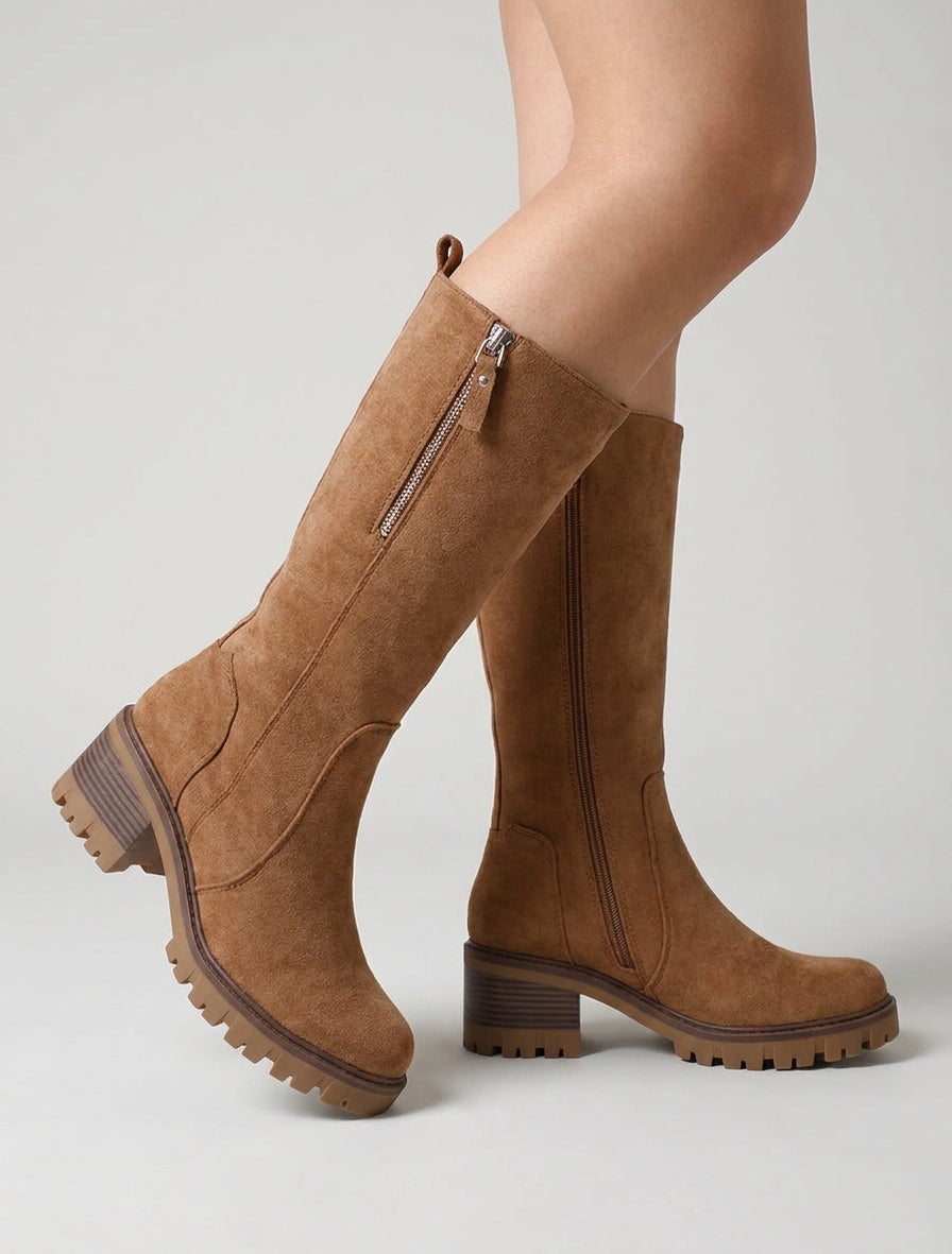 Bottines unies en suédine à zip décoratif - Camel