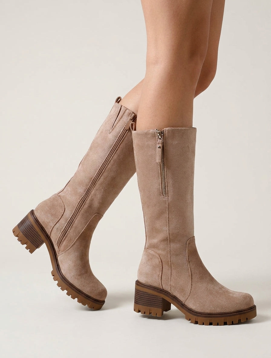 Bottines unies en suédine à zip décoratif - Taupe