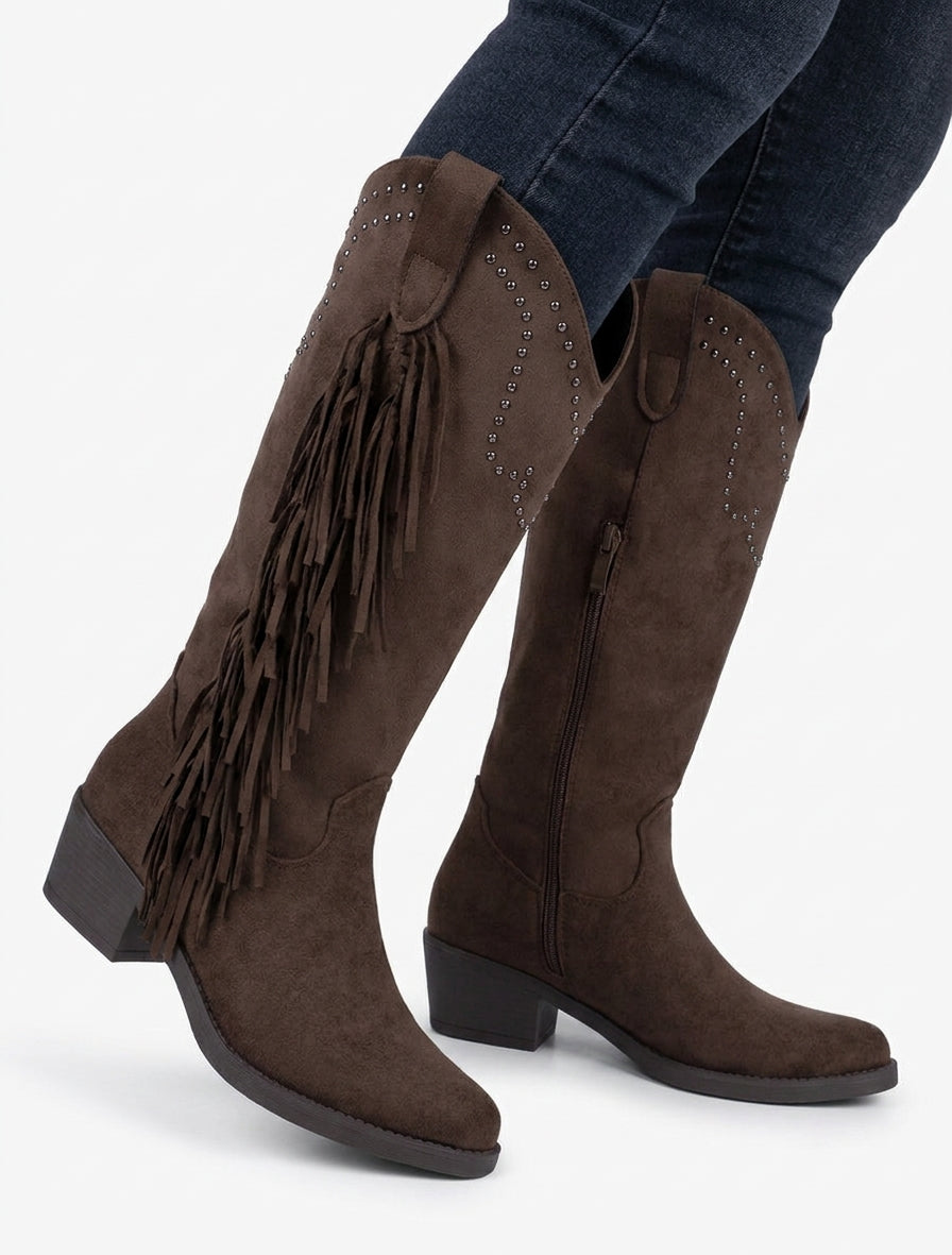Bottines montantes en suédine à franges et clous - Marron