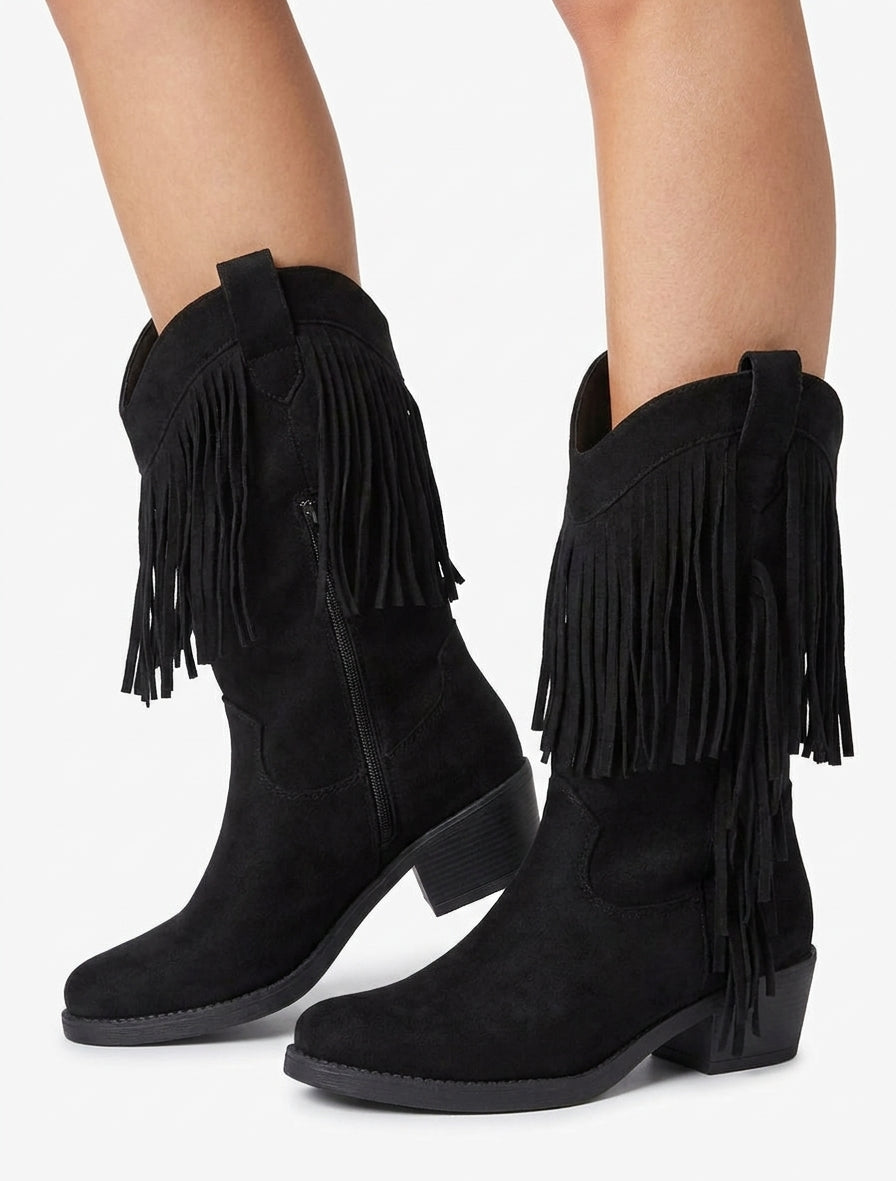 Bottines style santiags à franges - Noir
