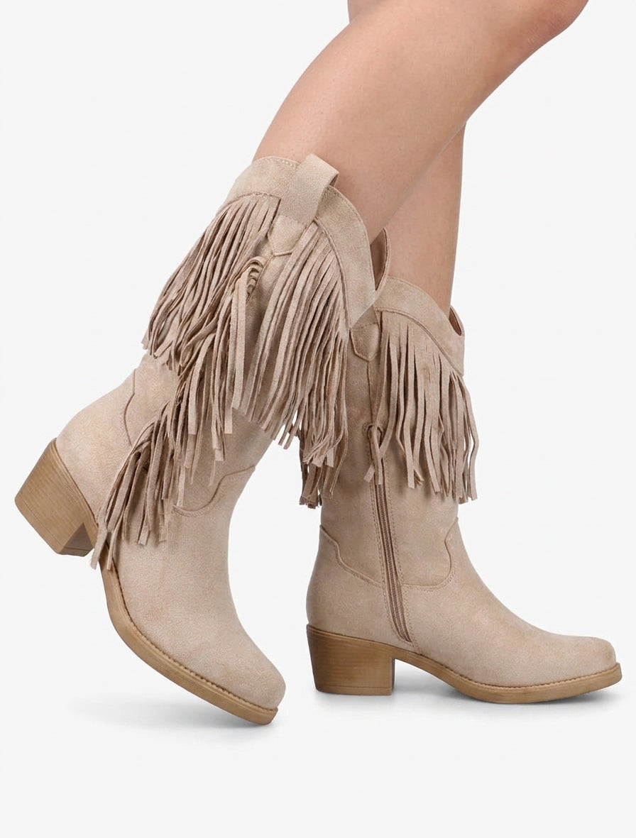 Bottines style santiags à franges - Beige