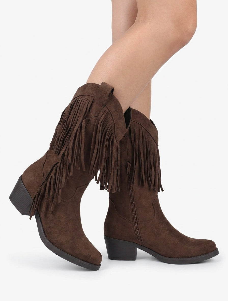 Bottines style santiags à franges - Marron