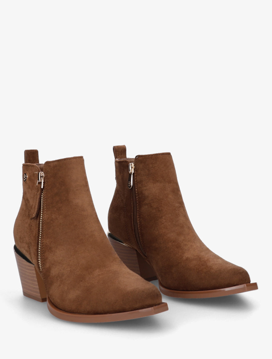 Bottines en suédine à zip décoratif et bouts pointus - Camel - 4