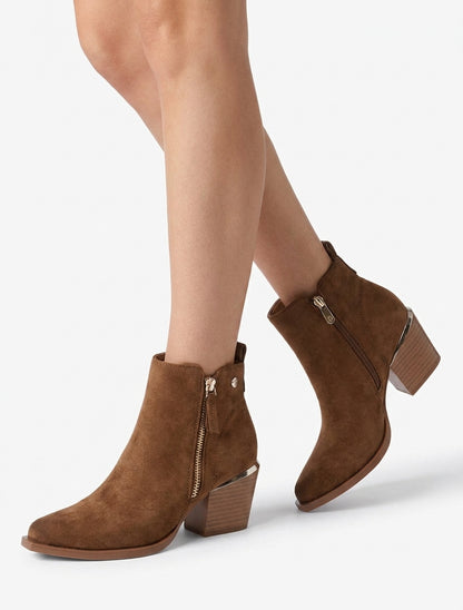 Bottines en suédine à zip décoratif et bouts pointus - Camel