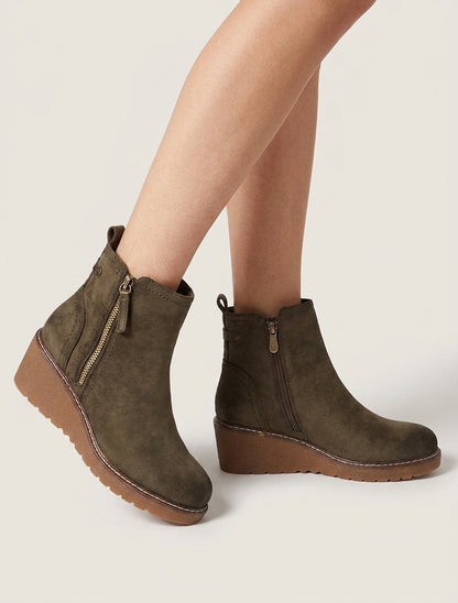 Bottines en suédine à talon semi-compensé et zip - Kaki