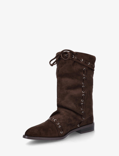 Bottines en suédine à cordons de serrage - Marron - 3