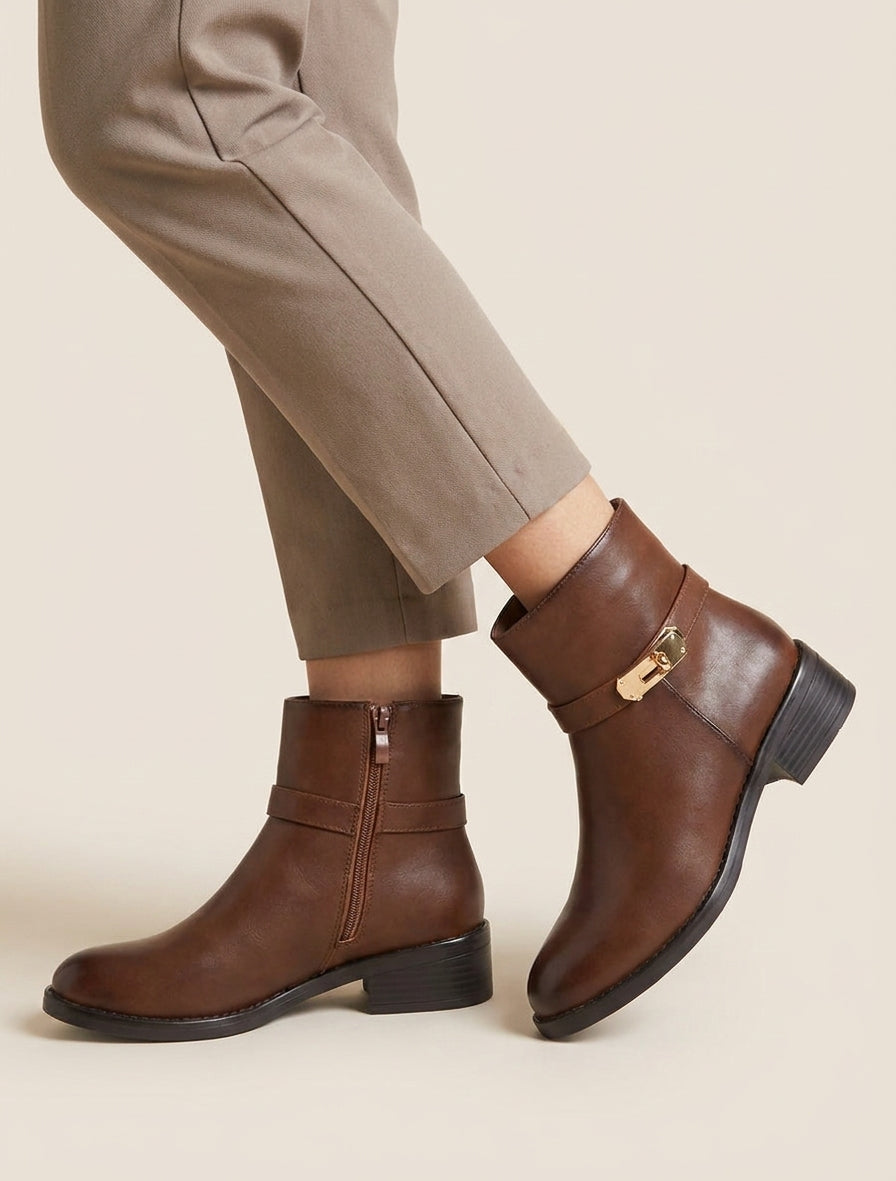 Bottines en simili à boucle décorative - Camel